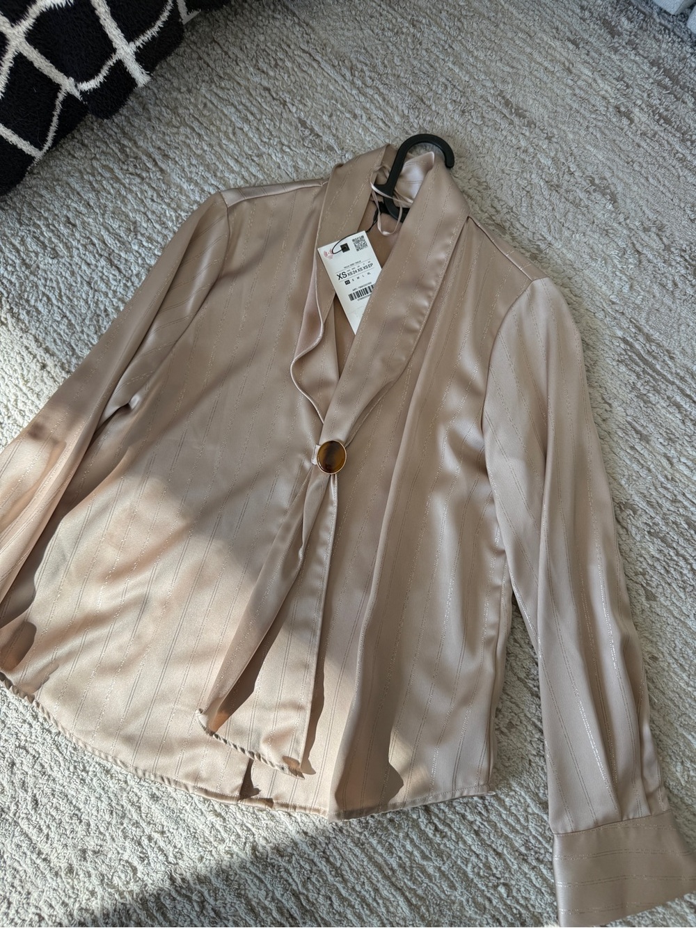 Essential Satin Taupe Button-Front Blouse with Neck Tie